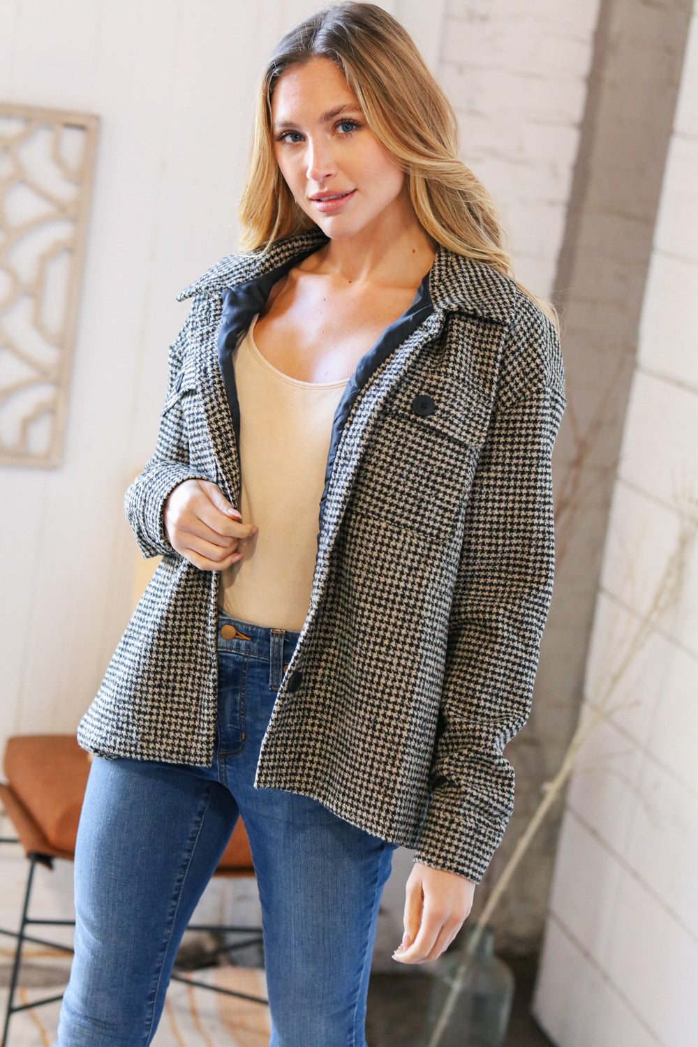 Collared Houndstooth Button Down Wool Blend Jacket