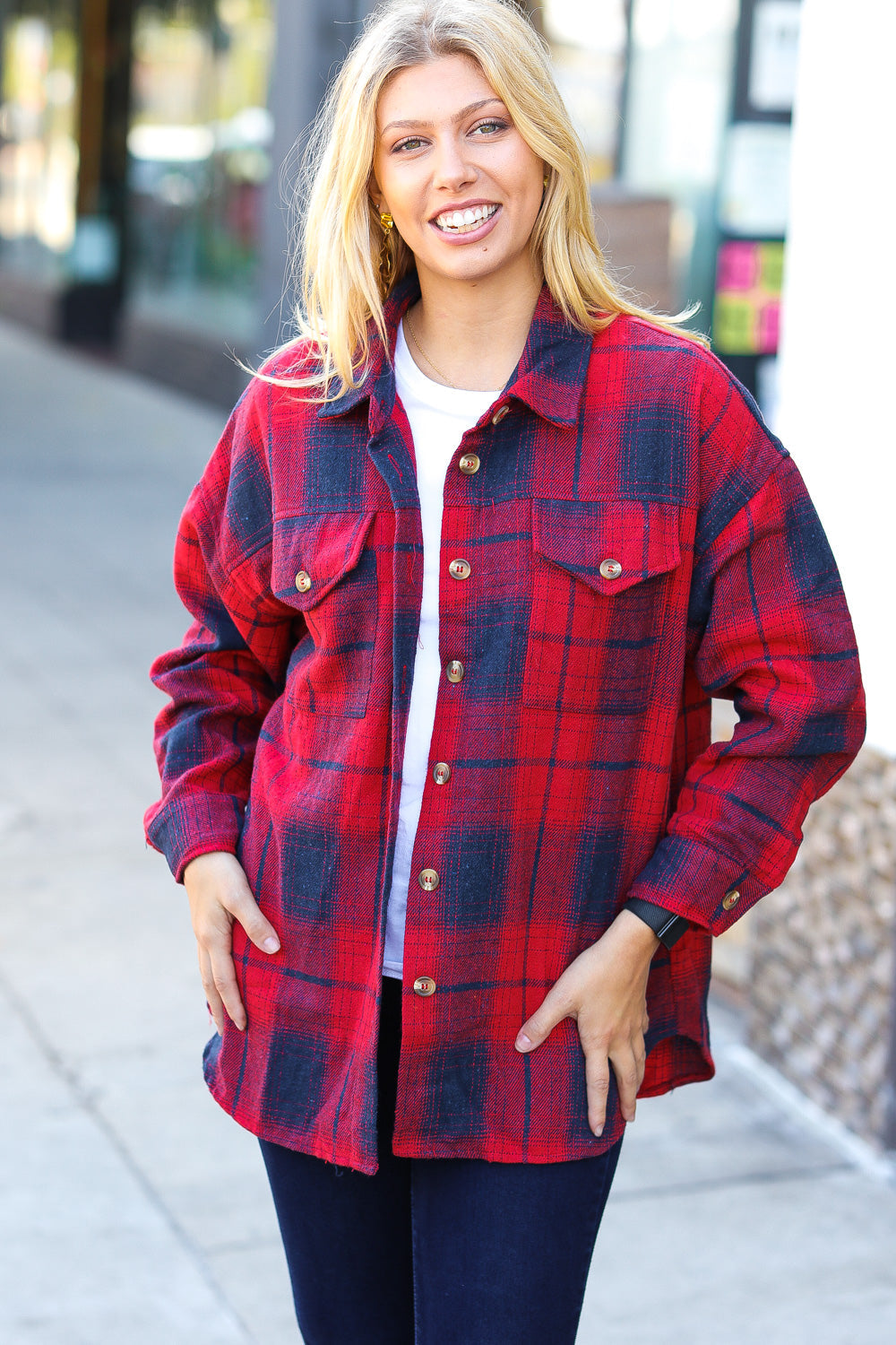 Red Cotton Flannel Plaid Square Hem Pocketed Jacket